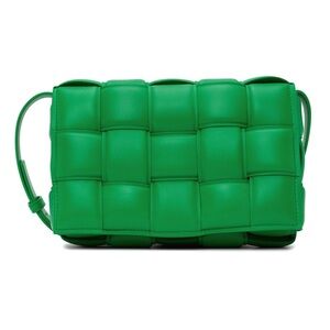 Green Woven Leather Shoulder Bag with Gold Accents